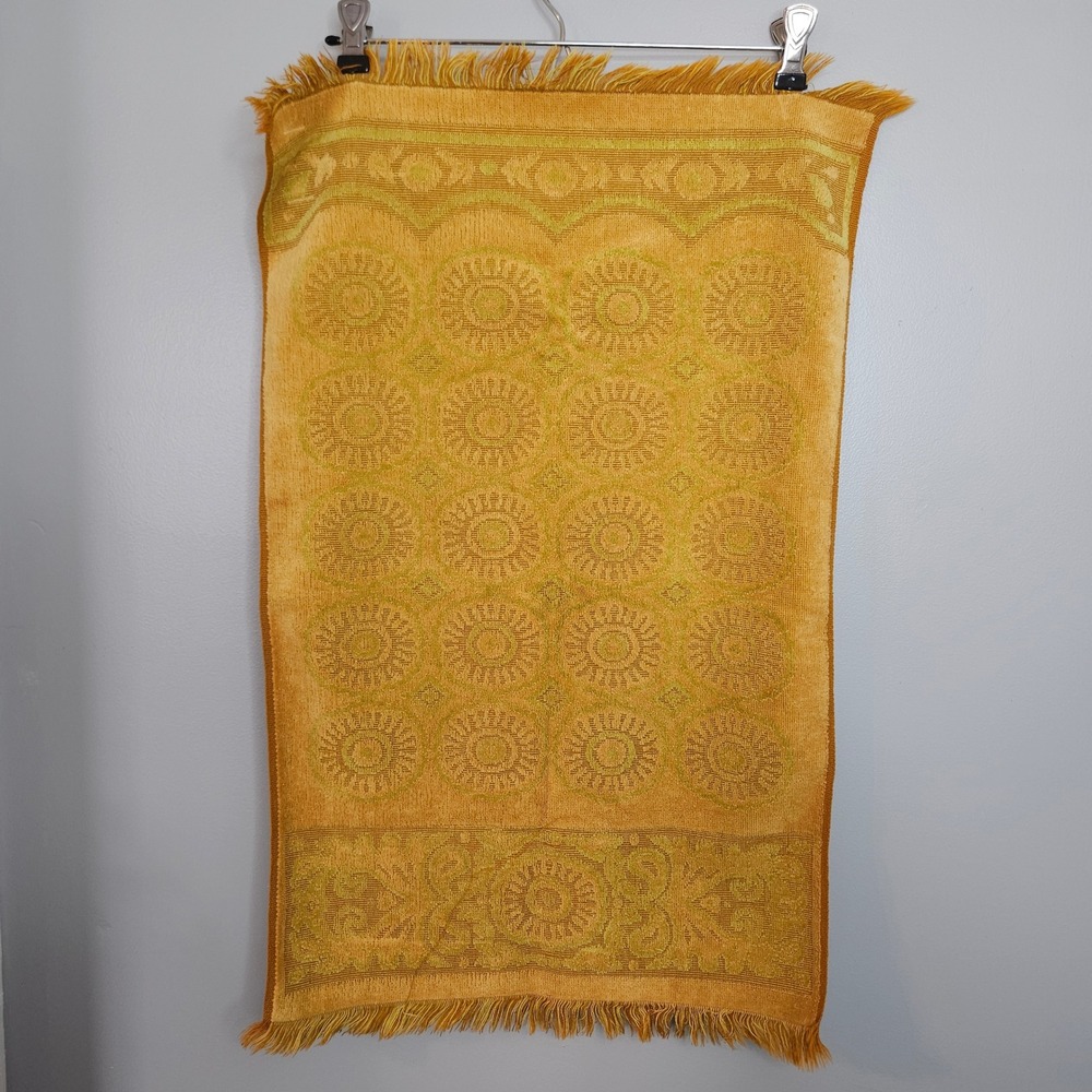 Vintage 70s Mustard Yellow Sun Medallion Fringed Hand Towel Retro MCM Boho Gold